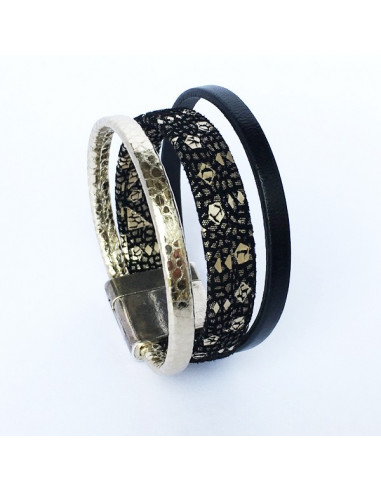 Bracelet cuir noir pailleté or avec lanières cuir doré et noir
