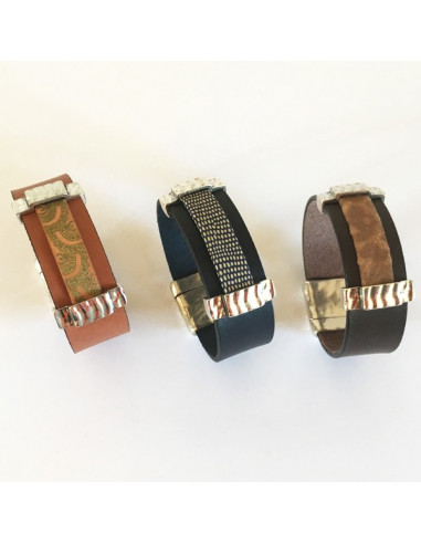 Bracelet manchette cuir avec lanière superposée