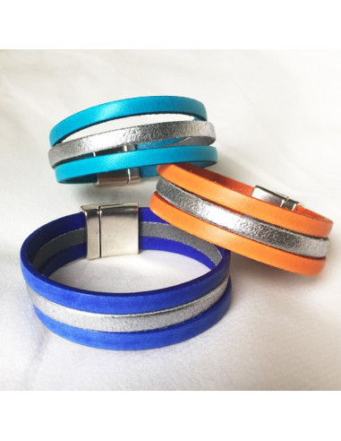 Bracelet cuir couleur et argenté sur fermoir magnétique-Aramance