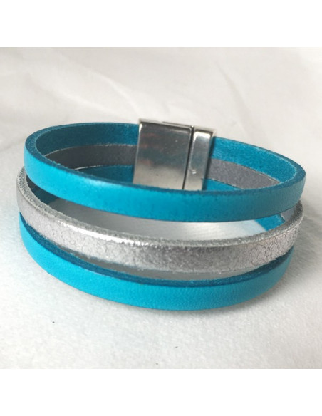 bracelet enfant cuir bleu effet pailleté et fermoir aimanté en acier