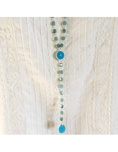 Colier sautoir perles de verre bleues et métal argenté-Aramance