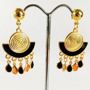 Boucles d'oreilles plaqué or,émail noir et gouttes de verre 2