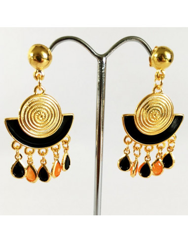 Boucles d'oreilles plaqué or,émail noir et gouttes de verre