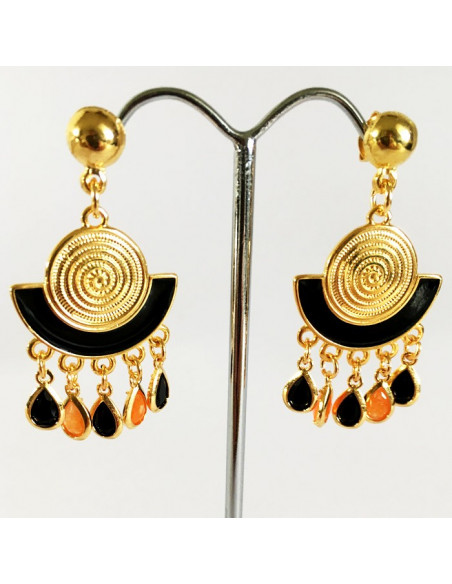 Boucles d'oreilles plaqué or,émail noir et gouttes de verre