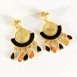 Boucles d'oreilles plaqué or,émail noir et gouttes de verre
