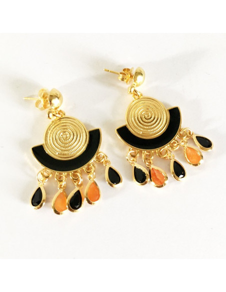 Boucles d'oreilles plaqué or,émail noir et gouttes de verre