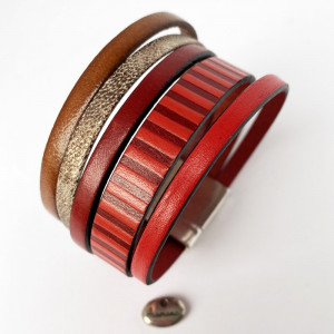 Bracelet cuir manchette rayures rouge