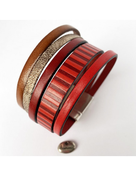 Bracelet cuir manchette rayures rouge