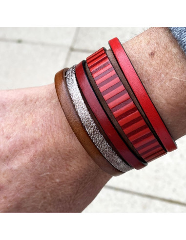 Bracelet cuir manchette rayures rouge