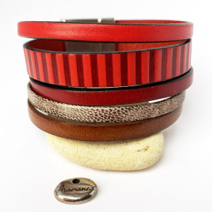 Bracelet cuir manchette rayures rouge 2