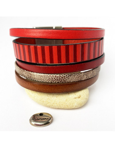 Bracelet cuir manchette rayures rouge