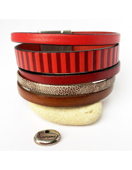 Bracelet cuir manchette rayures rouge