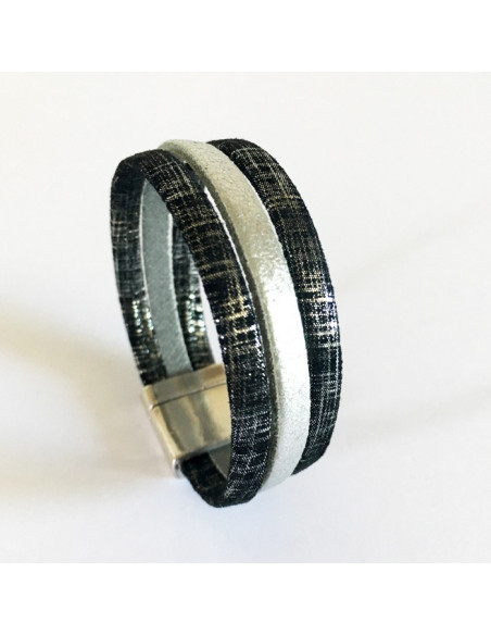 Bracelet cuir noir et argenté sur fermoir aimanté