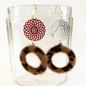 Bocles d'oreilles cercle poil fauve et filigrane métal argenté 2