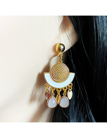 Boucles d'oreilles émail blanc et gouttes blanches et dorées