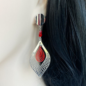 Boucles d'oreilles-larmes-métal argenté-rouge-Aramance 2