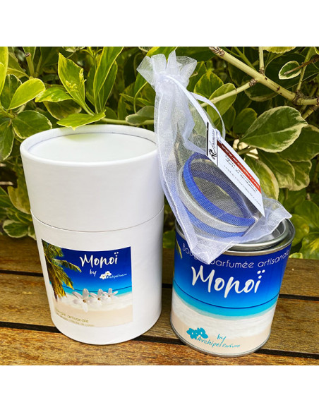 Coffret bracelet cuir bleu dur et bougie Monoi