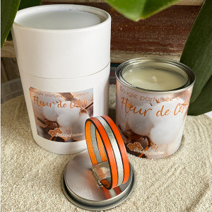 Fête des mères-bracelet cuir-orange-bougie-fleur de coton-Aramance