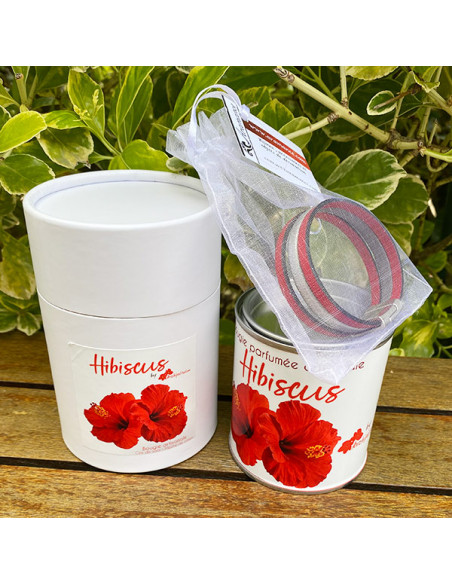 Coffret bracelet cuir rouge et bougie Fleur d'hibiscus