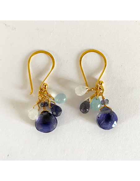 Boucles d'oreilles iolite et pierres fines sur plaqué or