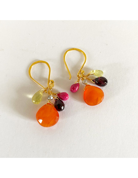 Boucles d'oreilles cornaline et pierres fines sur plaqué or