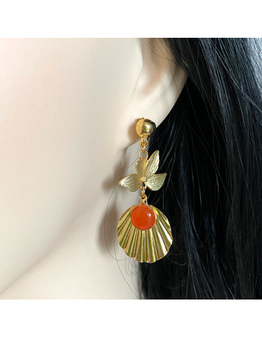 Boucles d'oreilles feuilles cabochon cornaline...