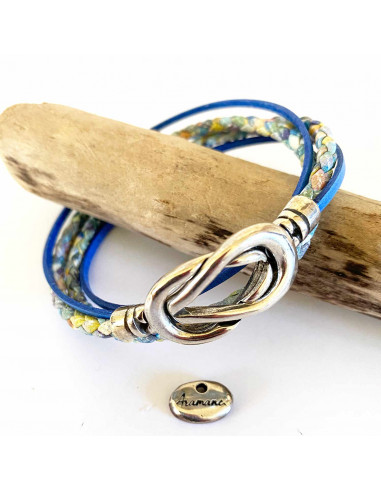 Bracelet cuir tressé tons bleuté avec cuir plat bleu azur, 2 tours de poignet sur jolie boucle aimantée