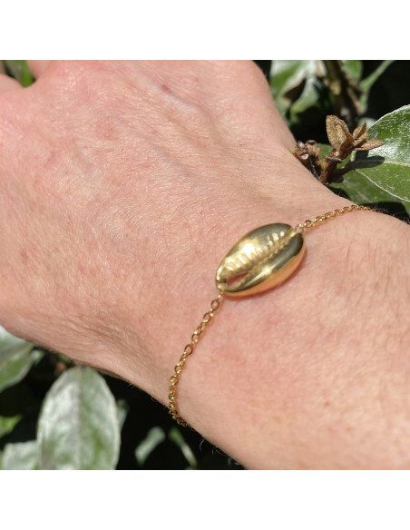 Bracelet cauri sur chaine acier inoxydable doré