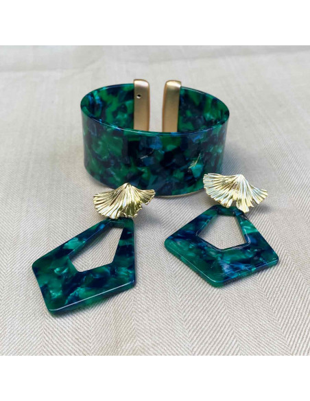 Boucle d'oreille fantaisie très chic marbré vert et doré upcycling