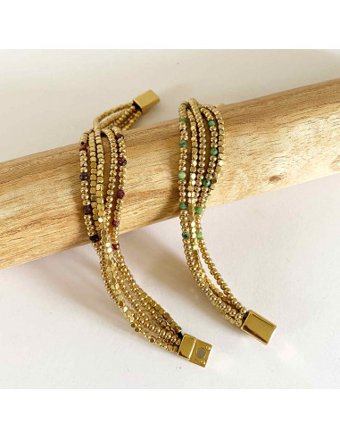 Bracelet manchette perles laiton doré et pierres natuelles, amazonite ou grenat sur fermoir aimanté