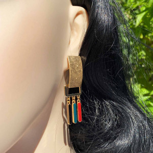 Boucles d'oreilles rectangle doré avec pendants émail de couleur 2