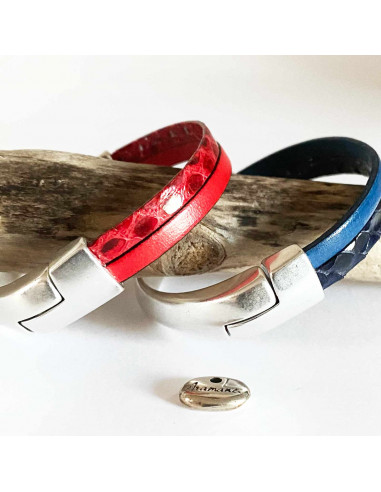 Bracelet demi jonc en plaqué argent magnétique et composé de 2 lanières de cuir rouges ou bleues