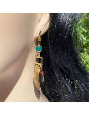 Boucles d'oreilles larmes et plumes dorées