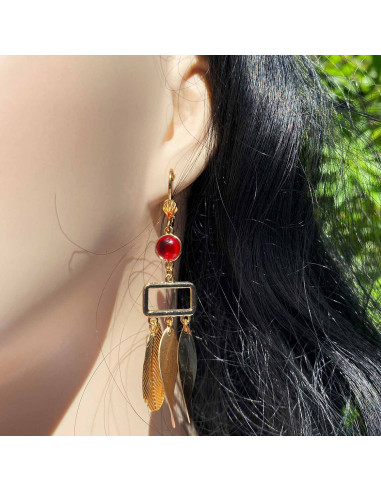 Boucles d'oreilles larmes et plumes dorées
