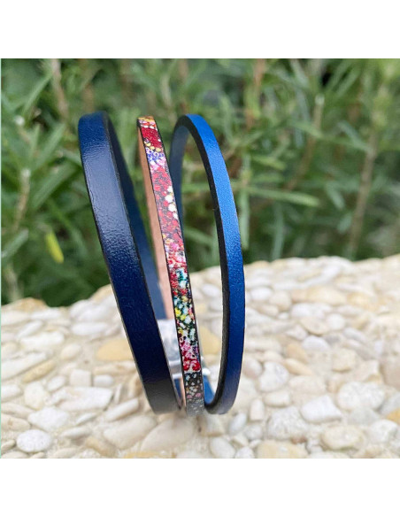 Bracelet multilien cuir bleu et cuir motif fantaisie