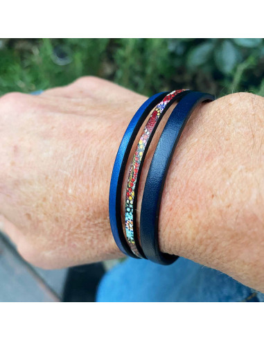 Bracelet multilien cuir bleu et cuir motif...