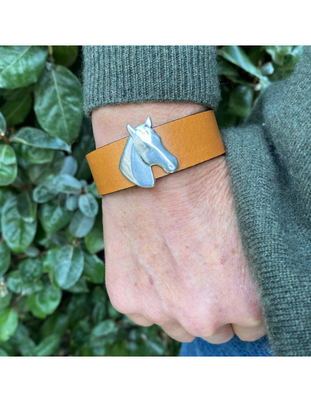 Bracelet cuir large cheval et barettes plaqué argent