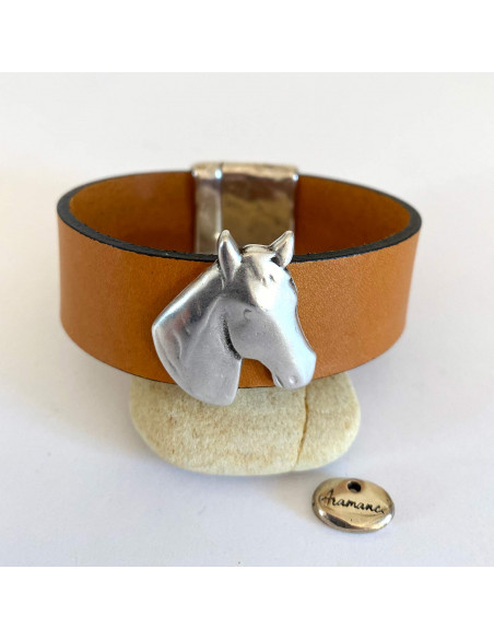 Bracelet cuir large cheval et barettes plaqué argent