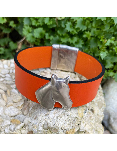 Bracelet cuir large cheval et barettes plaqué argent