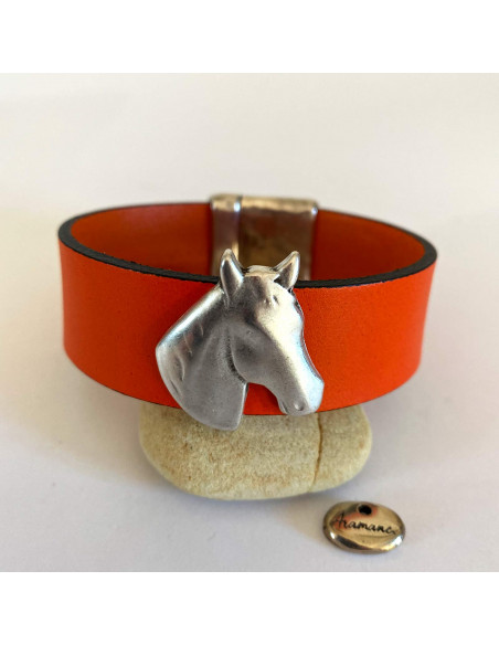 Bracelet cuir large cheval et barettes plaqué argent