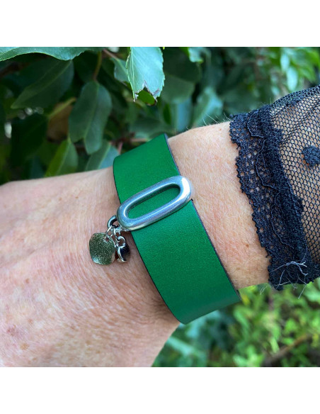 Bracelet cuir large cheval et barettes plaqué argent