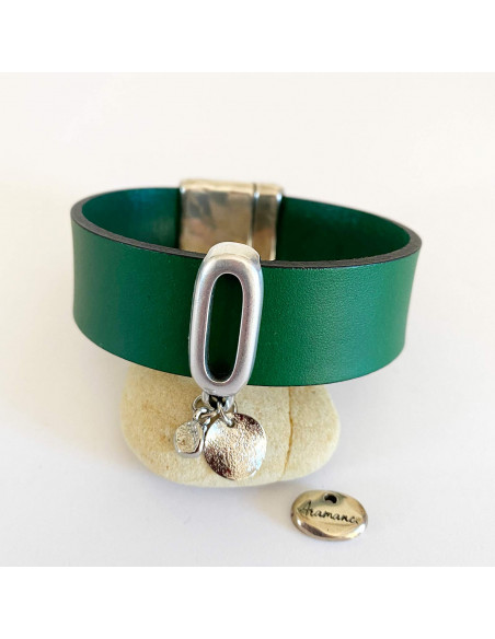 Bracelet cuir large cheval et barettes plaqué argent