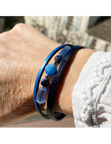 Bracelet cuir, pierres naturelles et perles