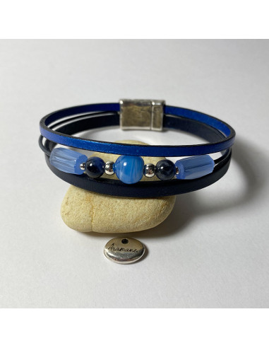 Bracelet cuir, pierres naturelles et perles