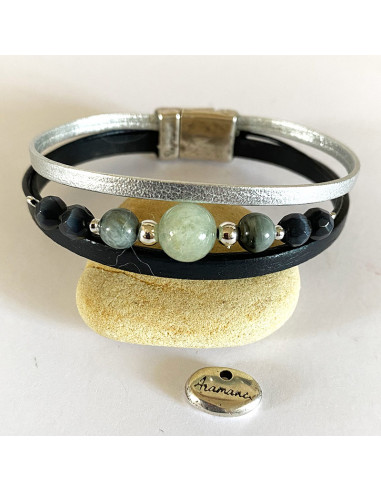 Bracelet cuir, pierres naturelles et perles