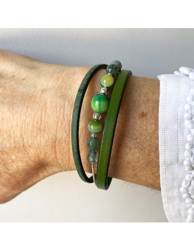 Bracelet cuir, pierres naturelles et perles