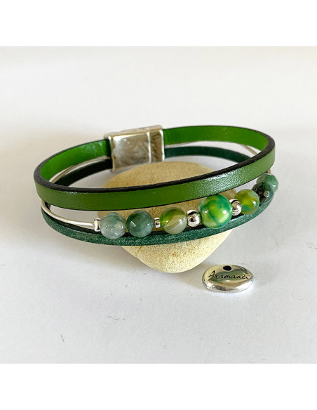 Bracelet cuir, pierres naturelles et perles