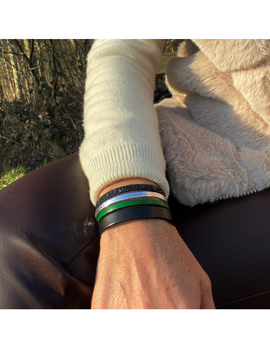 Bracelet manchette cuir noir, argent et vert...