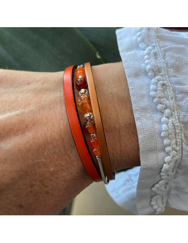Bracelet cuir, pierres naturelles et perles