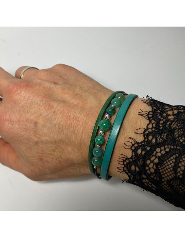 Bracelet cuir, pierres naturelles et perles